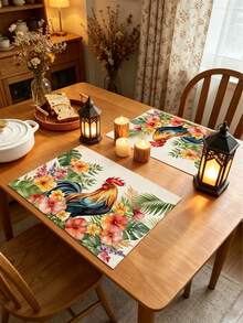 Rooster Pattern Table Runner, Pastoral Style, Modern Home Kitchen Decor, Table Runner Placemat Pillowcase Set, Suitable For Daily Home Kitchen Decor, Daily Party Decor. - Multicolor - View 6