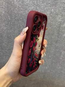1pc Burgundy Romantic Red Rose Full Coverage TPU Shockproof Phone Case Compatible With Apple 16 15 14 13 12 11 Pro Max - Multicolor - View 4