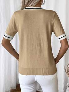 Plus Size Tie Front V-Neck Short Sleeve Sweater - Contrast Binding Striped Summer Knit Top - Casual Solid Fine Knit Pullover For Women - Khaki - View 5