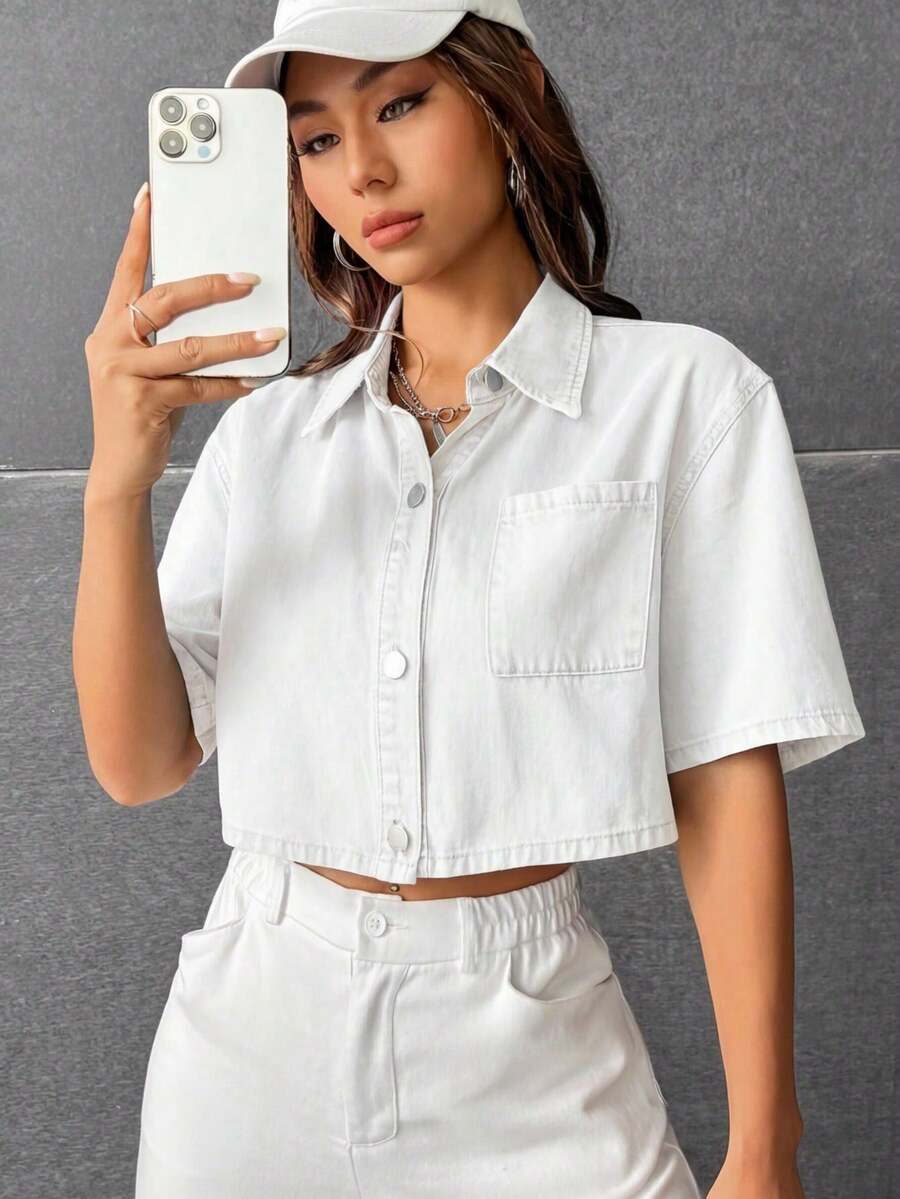 Camisa vaquera corta lavada informal para mujer - Blanco - Ver 1