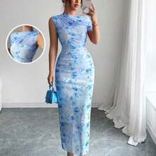 WNS  Vestido mini ajustado de 2025 verano de tinte degradado en melocotón suave francés con cuello asimétrico fruncido en la cintura - Azul - Ver 1