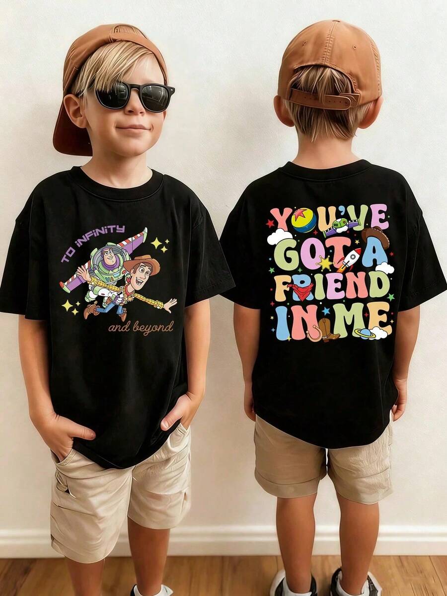 Kids' Disney Toy Story T-Shirt, Featuring Buzz Lightyear & Woody "To Infinity And Beyond" Front Design And "You've Got A Friend In Me" Colorful Text On The Back, Black Casual Cotton Short Sleeve Tee For Fans, Ideal For Disney Trips, Family Matching Outfits And Toy Story Lovers - 黑色 - 查看 1