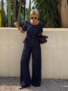Conjunto de 2 piezas de chaleco vaquero y pantalón recto de pierna ancha de estilo casual y de negocios para mujer, ideal para primavera y verano - Azul lavado oscuro - Ver 1