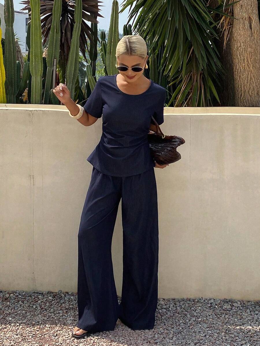Conjunto de 2 piezas de chaleco vaquero y pantalón recto de pierna ancha de estilo casual y de negocios para mujer, ideal para primavera y verano - Azul lavado oscuro - Ver 1