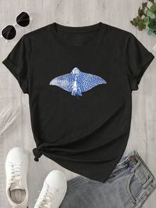 Esta blusa de manga corta y cuello redondo para mujer, con estampado de mariposas azules y blancas, es adecuada para todas las estaciones. - Negro - Ver 1