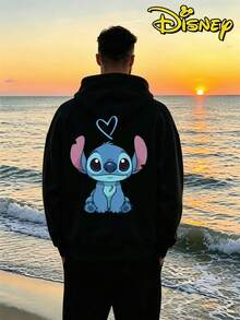 Couples Disney Lilo & Stitch Cute Stitch With Heart Print Hooded Sweatshirt, Casual Loose Streetwear Hoodie, Sold As Single Piece 1pcs - Men's Black - View 2