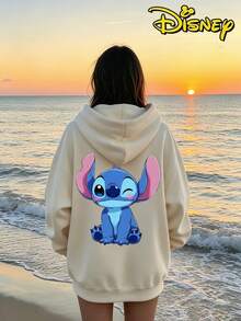 Couples Disney Lilo & Stitch Winking Stitch Print Hooded Sweatshirt, Casual Loose Streetwear Hoodie, Sold As Single Piece 1pcs - Women's Apricot - View 2