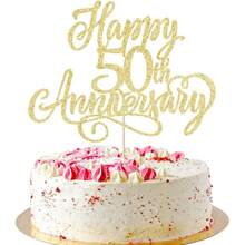 1件裝亮金色50週年結婚紀念蛋糕插牌，優雅50年婚姻慶祝蛋糕裝飾，金禧派對用品，浪漫週年紀念蛋糕裝飾 - 50週年 - 查看 11