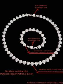 1pc 10mm Cubic Zirconia Heart-Shaped Chain Necklace And 1pc Cubic Zirconia Heart-Shaped Bracelet, Adjustable Size, Women's Hip Hop Heart Necklace And Bracelet, Fashion Jewelry Set, Suitable For Daily Wear Or Party, Valentine's Day Gift - Silver - View 14