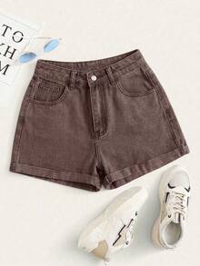 High-Waisted Rolled-Up Denim Shorts For Summer - Champagne - View 1