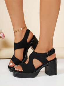 Women's Solid Color Hook And Loop Fashionable Versatile Thick Heel Open Toe Sandals, Platform High Heels - Black - View 1