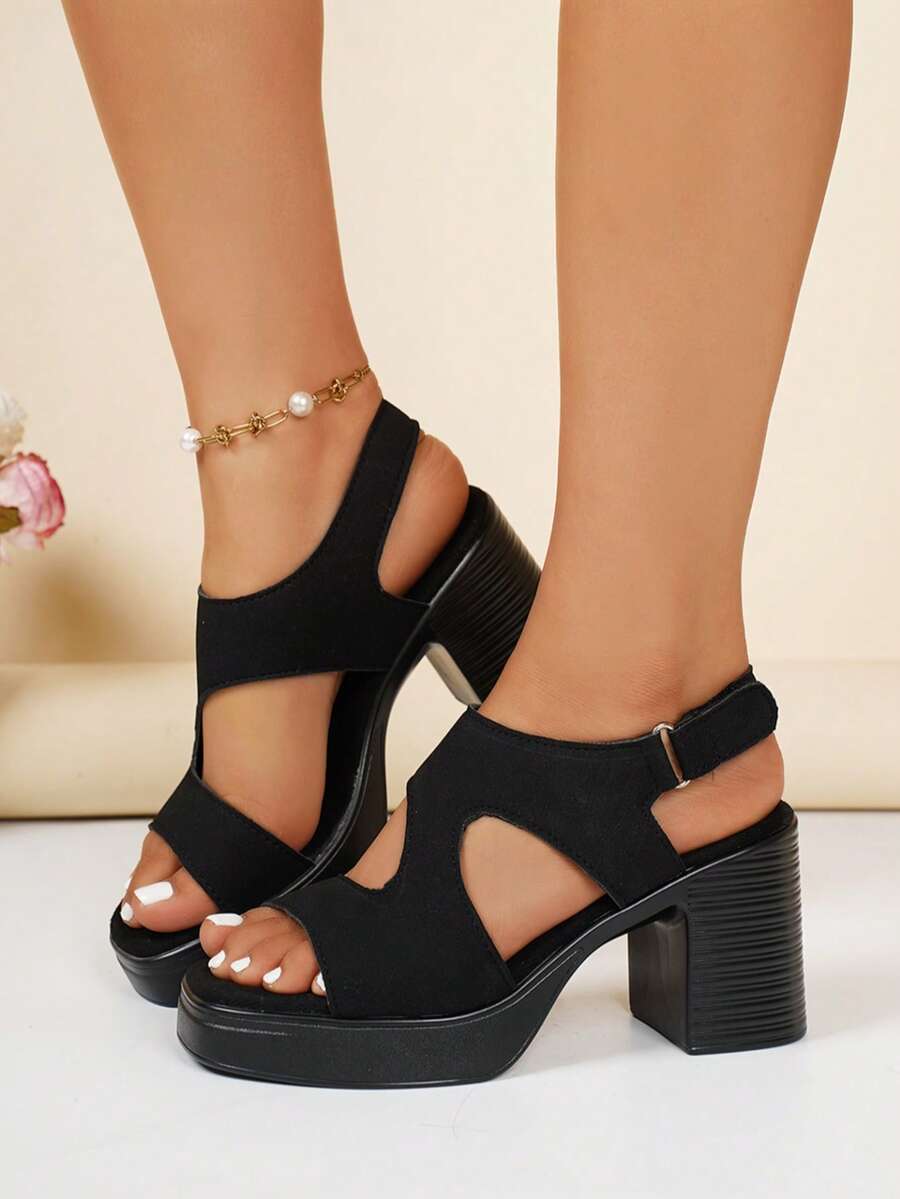 Women's Solid Color Hook And Loop Fashionable Versatile Thick Heel Open Toe Sandals, Platform High Heels - Black - View 1