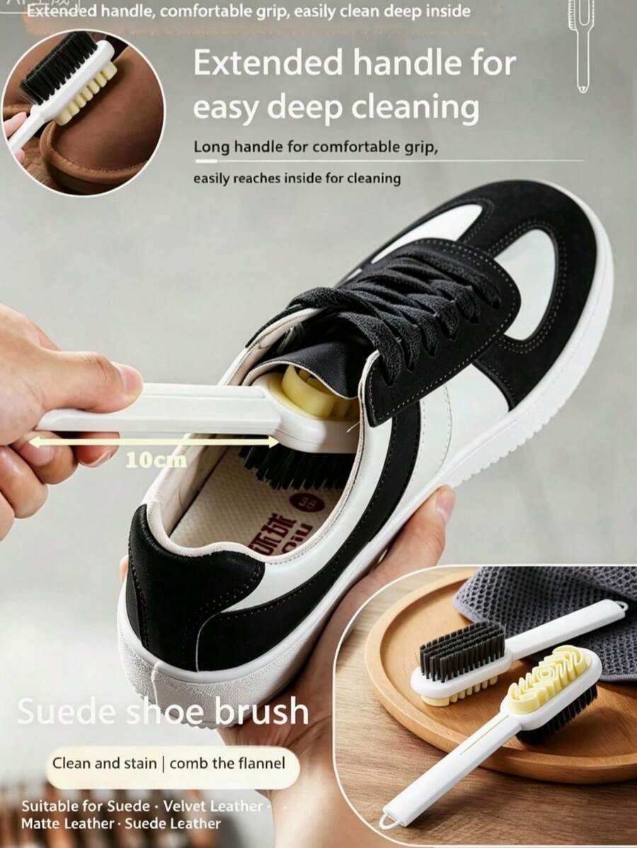 1/2 Stück Schuhbürste mit langem Griff, doppelseitig, aus weichem Gummi, 2-in-1, für Wildleder und Nubuk, wasserlose Fleckentfernung, weiche Borsten, kratzfrei, für weiße Sneaker, Wildleder- und Leder-Sportschuhe, multifunktionale Reinigungsbürste für Zuhause, Schuh- und Stiefelpflege