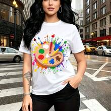 Camiseta de mujer con estampado vibrante de paleta de pintor y colores artísticos - diseño creativo con pinceles y tubos de pintura, ajuste casual cómodo y elegante, estilo urbano para la ciudad - ideal para días soleados, salidas con amigas, compras - Blanco - Ver 9