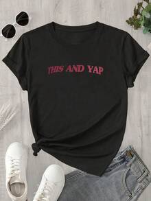 Camisa de mujer de manga corta y cuello redondo con estampado tipo papel pintado que incluye el nombre, adecuada para todas las estaciones. - Negro - Ver 1