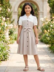 8-12 Years Old Girls Fashion Casual Dress, Contrast Color Collared Patchwork Dress, Ladylike Style, Suitable For Casual Vacation, Great Gift For Girls - White - View 4