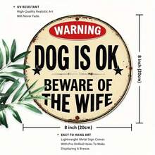1pc Humorous Inspirational Quote Round Plaque, Warning Dogs Are Fine, Beware Of Wife. Funny Design, Bar, Home Art Wall Decor Metal Tin Sign, Size 19.81x19.81 Cm, Suitable For Home, Garden, Garage, Farmhouse, Holiday Ideal Gift, Random Hole Position - A - View 3
