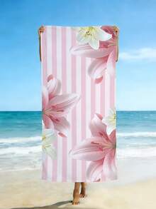 1 pieza Toalla de playa a rayas rosas, manta de playa con estampado floral grande, toalla de natación súper absorbente y de secado rápido, estera de playa impermeable extragrande, adecuada para buceo, surf, camping, viajes, sillas de playa, decoración de fiestas de vacaciones de verano, manta de playa multiusos - lirio - Ver 6