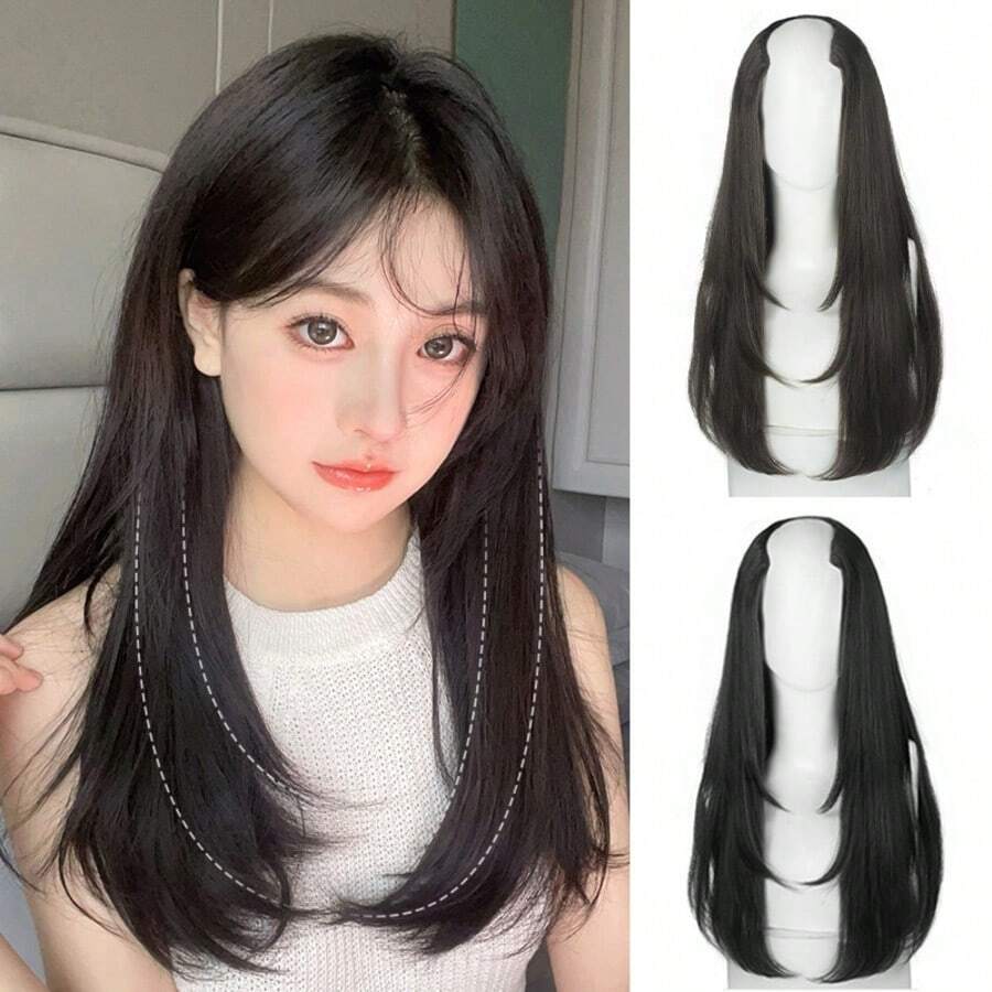 1pc Women's Long Hair Extension Piece, Invisible Seamless U-Shape Synthetic Hair Volumizing Fluffy High-Layered Hair Patch, Straight With Inward Curl And Slight Wave, HA2827,Claw Clips - Multicolor - View 1