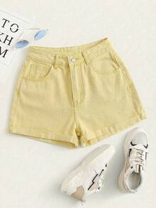 High-Waisted Rolled-Up Denim Shorts For Summer - Yellow - View 1