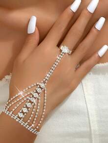 1pc Full Rhinestone Geometric Tassel Hand Chain Bracelet Ring Integrated Hand Jewelry For Women, Fashionable Luxury High-End - Silver - View 5