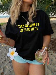 Women's Summer Casual Crew Neck T-Shirt, WAFFLE HOUSE Letter Pattern T-Shirt, Is The Ideal Gift For Father's Day, Juneteenth And Independence Day. - 黑色 - 查看 6