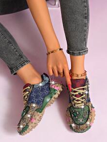 LiangJingJing Women's Round Toe Platform Sneakers With Multicolor Patchwork, Jeweled Accents, Lace-Up Closure And Textured Chunky Outsole - Green - View 3