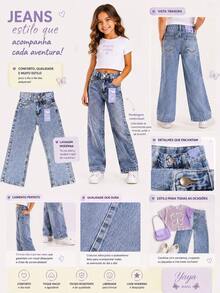 Calça Jeans Wide Leg Infantil Feminina Lavagem Clara – Moderna, Confortável e Cheia de Estilo - Azul Empoeirado - Visão 3