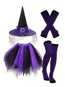 Disfraz de Bruja Púrpura & Negro para Mujer, Conjunto de Cosplay de Halloween, Incluye Falda de Tul, Sombrero de Bruja, Calcetines a Rayas & Mangas para Brazos, Atuendo de Carnaval, Mascarada, Cosplay, Halloween, Fiesta Temática, Accesorio de Fotografía - Multicolor - Ver 6