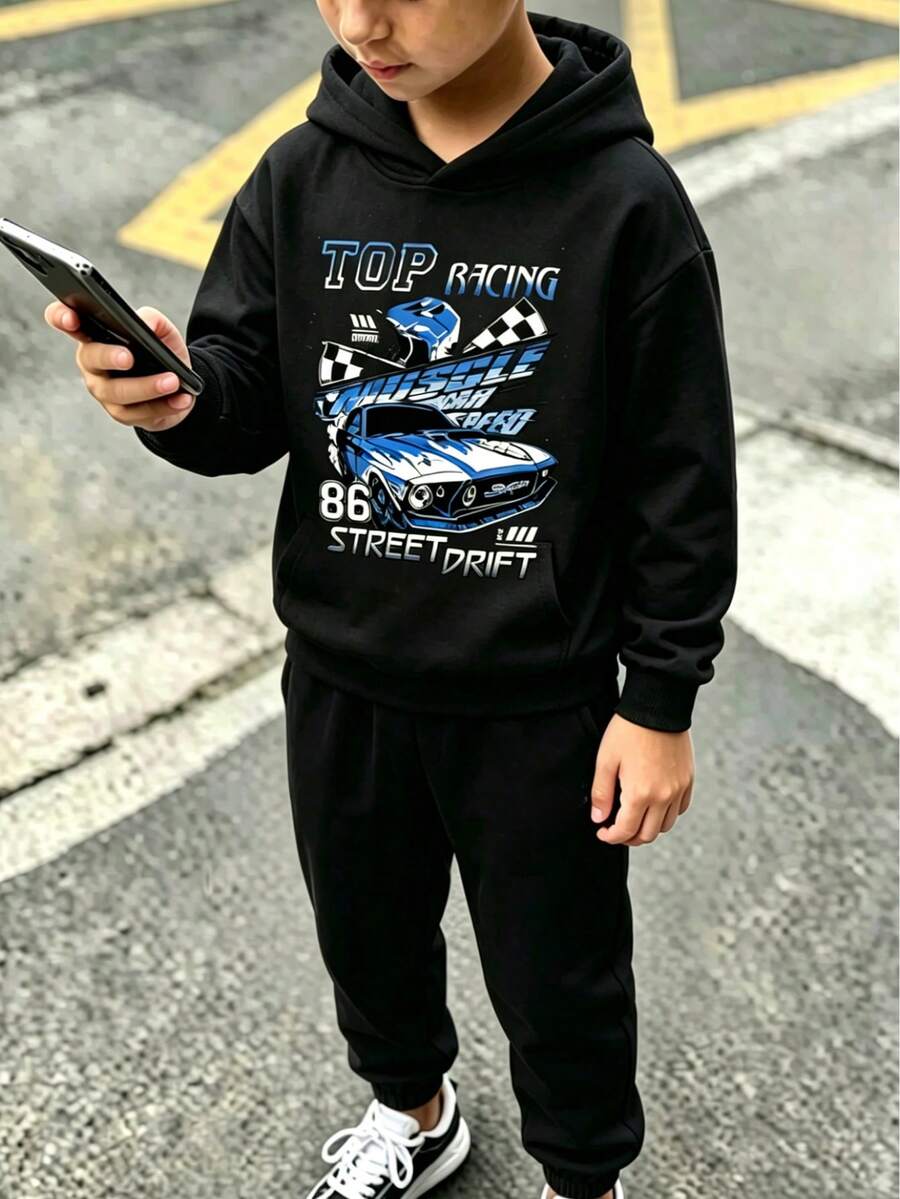 Young Boys Race Car Print Hoodie And Sweatpants Set - Black - View 1