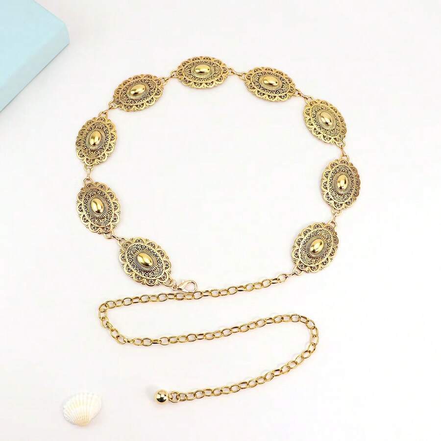 1pc Women's Metal Carved Bohemian Western Style Vintage Waist Chain, Casual Versatile Fashion Accessory For Daily Wear - Oval Tangcao Waist Chain In Gold - View 1