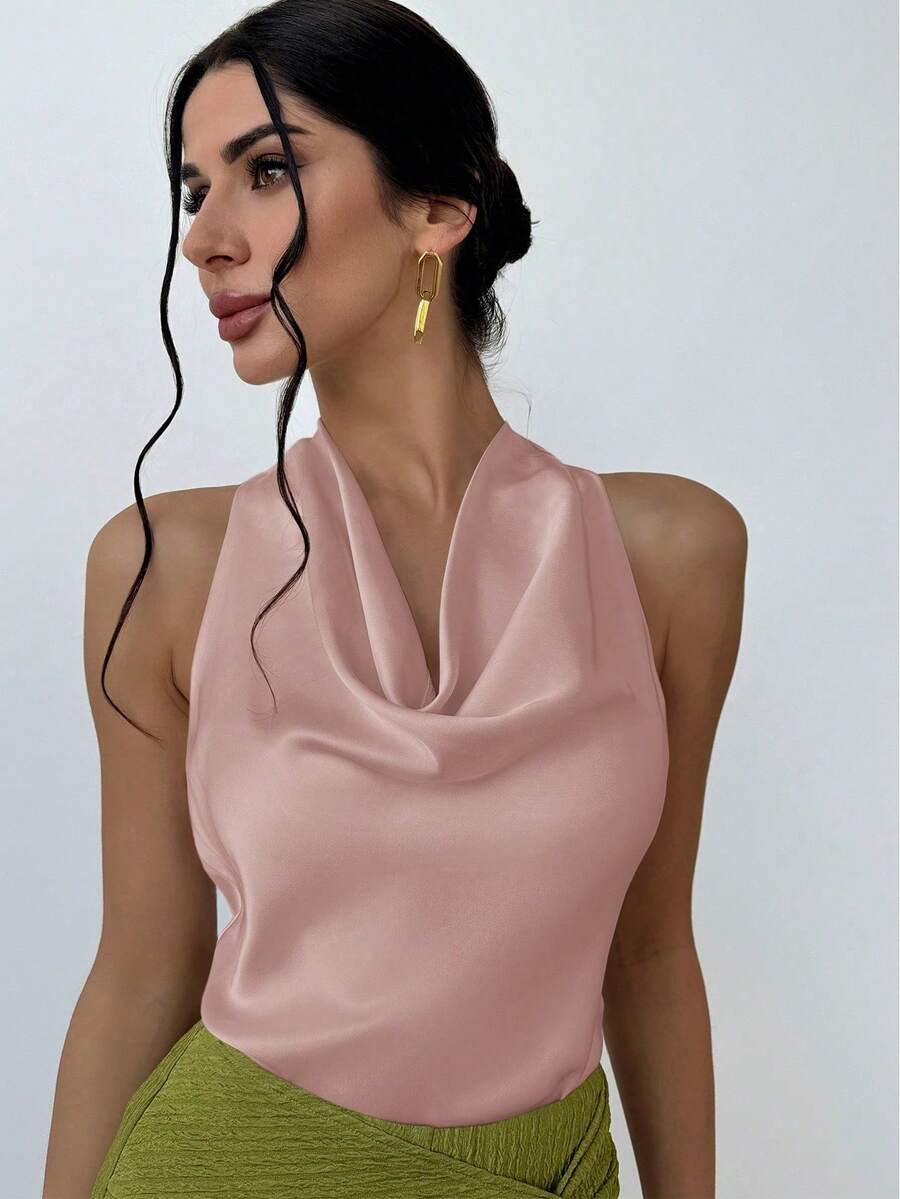 Blusa simple y elegante para mujer con cuello drapeado estilo halter en color albaricoque y corbata - Rosa - Ver 1