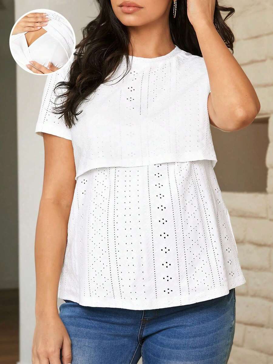 Camiseta superior de enfermería de maternidad para el hogar con cuello redondo sencillo para mujeres embarazadas - Blanco - Ver 1