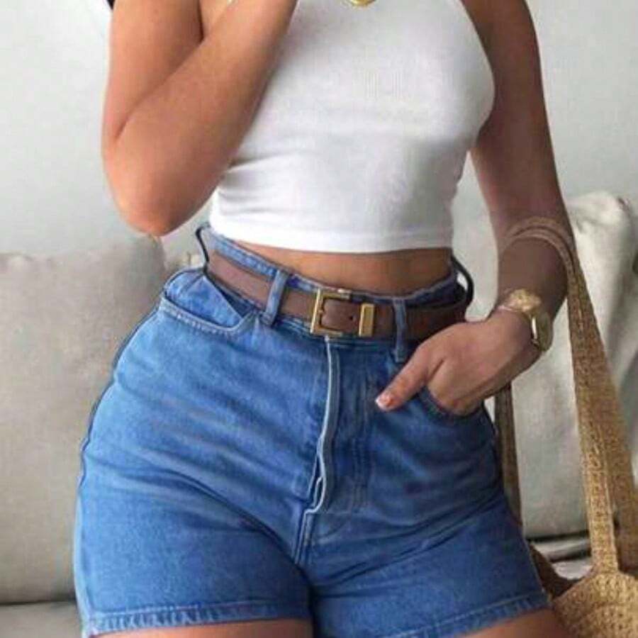 Pantalones cortos de mujer de mezclilla marrón, estilo recto casual con botones y bolsillos, tela con estiramiento medio, cómodos y de moda para el verano - Azul lavado medio - Ver 1