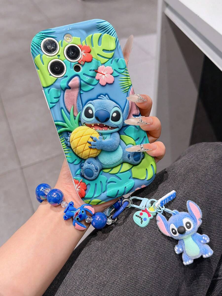 Disney Has Authorized, Phone Case - Chain Set, The Stitch Lilo & Stitch 3D Phone Case Plus A Silicone 3D Stitch Bracelet With Metallic Ring Removable Bracelet, Stitch And Angel Pattern, Compatible With Iphone17/16/15/14/13/12/11/XS/XR/X Plus Pro Max, A Stylish Cartoon Phone Case, The Perfect Gift Choice, Phone Protection, Durable Phone Cover, Great Gift For Friends And Family. - 白色 - 查看 1