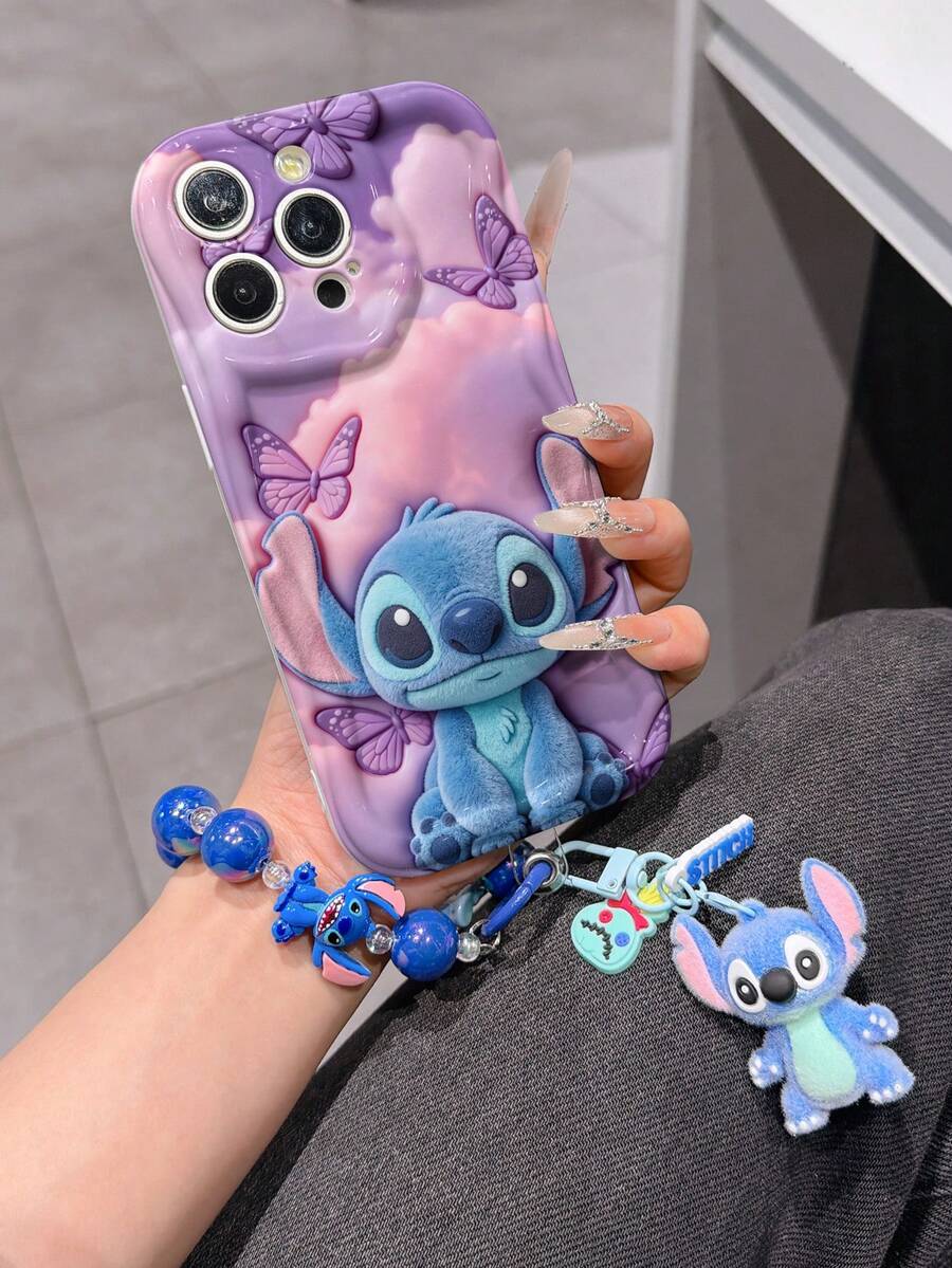 Disney Has Authorized, Phone Case - Chain Set, The Stitch Lilo & Stitch 3D Phone Case Plus A Silicone 3D Stitch Bracelet With Metallic Ring Removable Bracelet, Stitch And Angel Pattern, Compatible With Iphone17/16/15/14/13/12/11/XS/XR/X Plus Pro Max, A Stylish Cartoon Phone Case, The Perfect Gift Choice, Phone Protection, Durable Phone Cover, Great Gift For Friends And Family. - trắng - Xem 1
