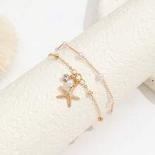 2 Bohemian Beach Style Gold Plated Anklets, Double Chain With Starfish, Pearl And Rhinestone Pendants, For Women - Multicolor - View 3