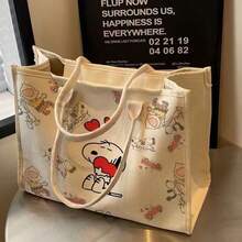 SNOOPY 女款大容量帆布托特包，新款卡通史努比印花單肩手提包，外出購物袋 - D - 查看 3