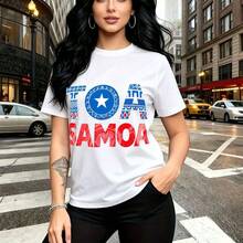 Camiseta de mujer con estampado "TOA SAMOA" en letras azules y rojas sobre fondo negro con estrella blanca - diseño gráfico urbano y atrevido, ajuste cómodo y fresco para el calor - ideal para paseos por la ciudad, eventos nocturnos y como regalo per - Blanco - Ver 9