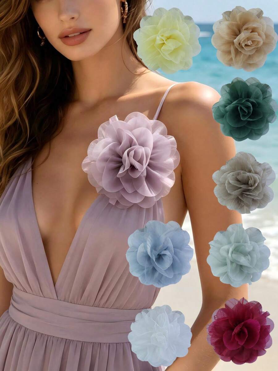 Broche de rosa de tela de organza hecho a mano de 12cm, accesorio elegante y de moda adecuado para bodas, atuendos de vacaciones - rosas - Ver 1