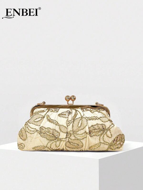 ENBEI Elegant Floral Gold Embroidery Clutch - Large Capacity Makeup Bag, Vacation Clutch, Elegant Women's Beach Bag Clutch, Fashion Evening Bag, Multifunctional Women's Beach Bag, Summer Wallet, Elegant Women's Handbag, Perfect For Wedding Dresses, Evening Gowns, Holiday Essential, Travel Essential, Party Outfits, Mother's Day Gift, Wedding Season Souvenir Bag[Random Pattern]