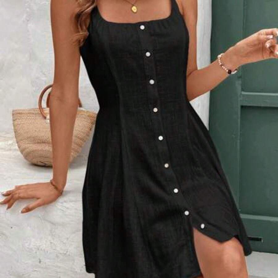 Frenchy Vestido de lino con escote halter, decoración con botones en el centro delantero, tela cómoda y transpirable, adecuado para uso casual y de vacaciones, vestido sencillo de un solo color apto para uso diario de las señoras - Negro - Ver 1