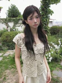 Hollow Crochet Front Button Ruffle Trim Sleeveless Knit Vest Summer - Apricot - View 1