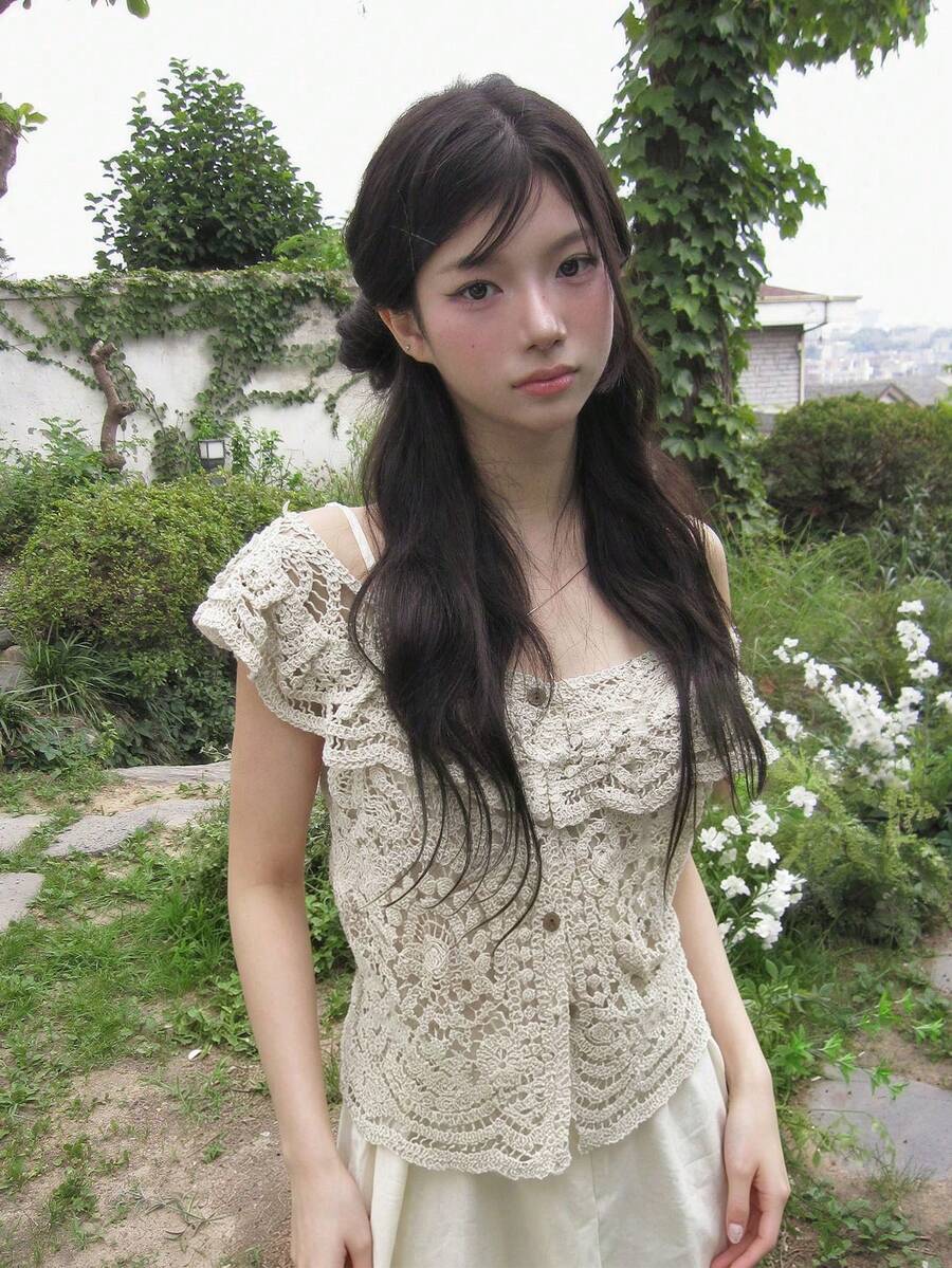 Hollow Crochet Front Button Ruffle Trim Sleeveless Knit Vest Summer - Apricot - View 1
