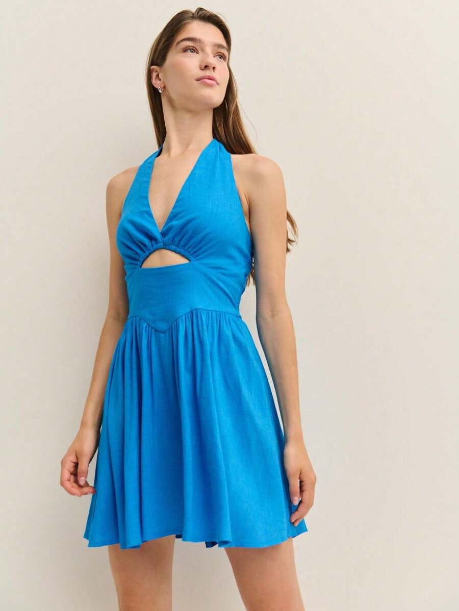 2026 Vestido de verano de tirantes con abertura frontal, ajustado a la cintura y falda en línea A para mujer - Azul - Ver 1