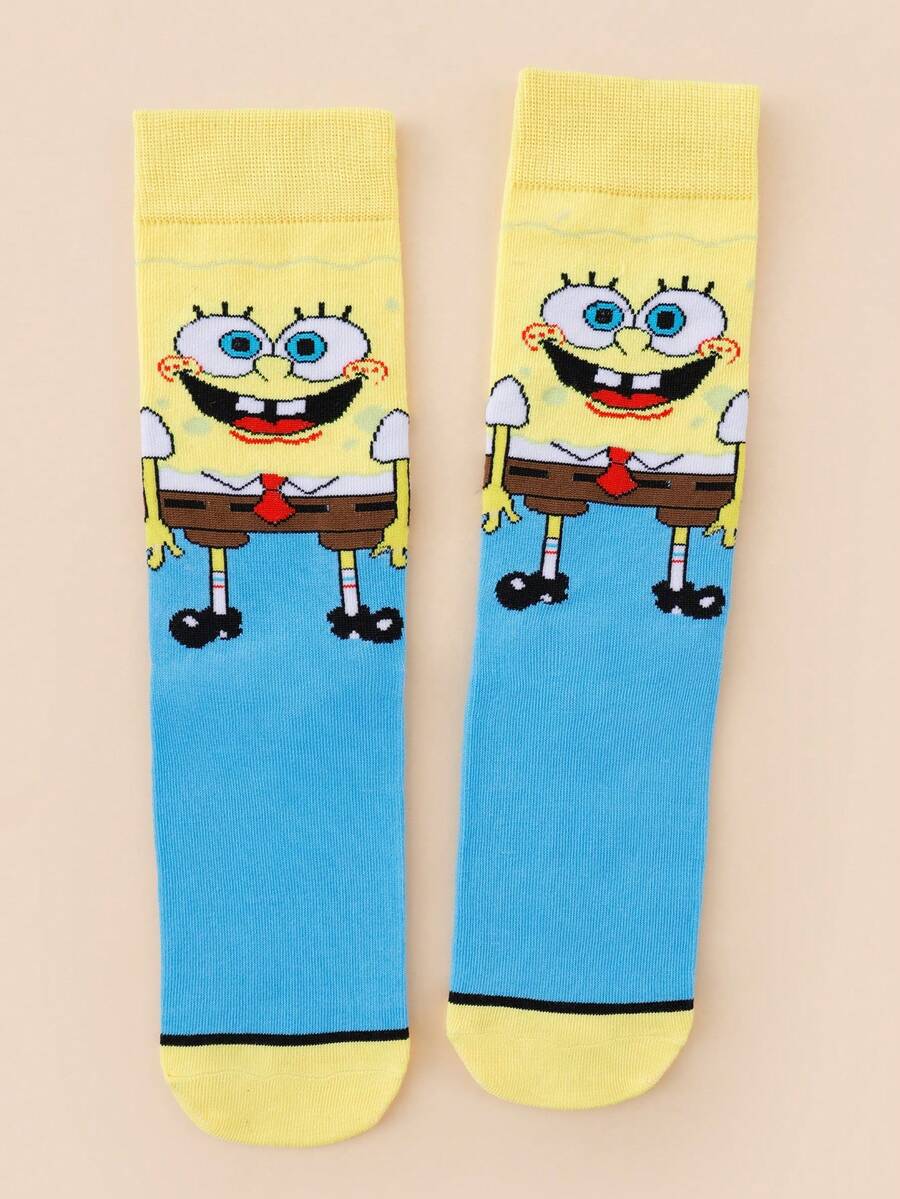 SpongeBob SquarePants 1雙隨機款 SquarePants 卡通中筒襪,適合街頭風與休閒穿搭,可愛校服與日常穿著 - 彩色 - 查看 1