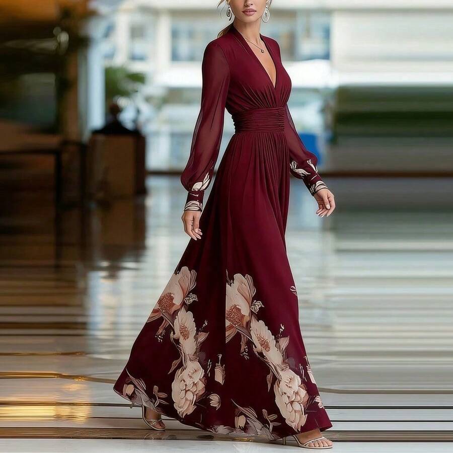 Long Spring Dress With Tulle Overlay, French-Style Fitted Cut, Versatile Print - Burgundy - View 1