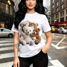 Camiseta de mujer con estampado de cuatro ositos tiernos hacinados en diseño colorido beige, blanco y marrón medio - camiseta casual de manga corta con cuello redondo, ajuste cómodo y suave para el cuerpo, estilo urbano relajado ideal para pasear por - Blanco - Ver 7