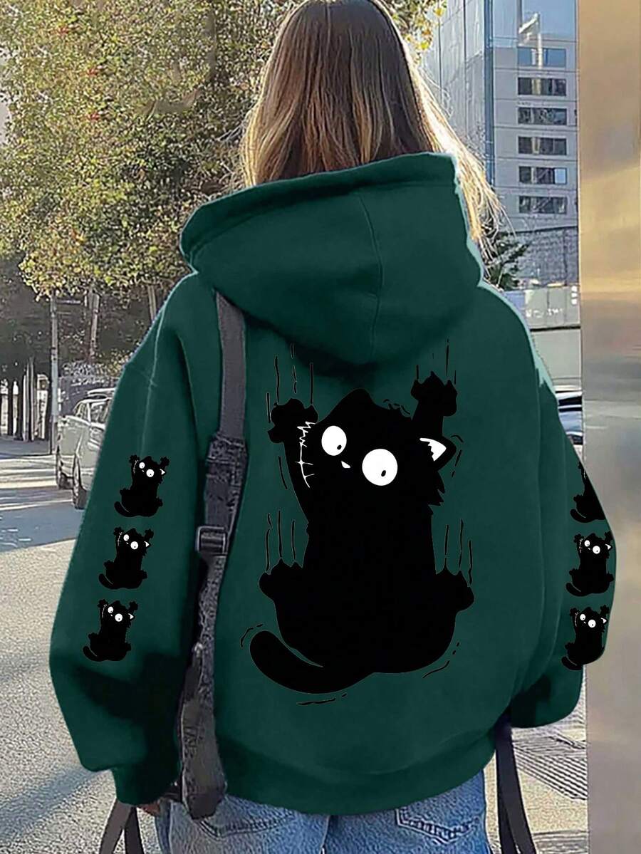 Sudadera con capucha casual para mujer talla grande con estampado "Gato Negro Divertido", delgada y casual con bolsillos, sudadera con capucha de otoño/invierno, estilo cómodo con patrón, manga larga suave y casual con bolsillos, ropa cómoda de uso diario para mujer talla grande - Verde Oscuro - Ver 1