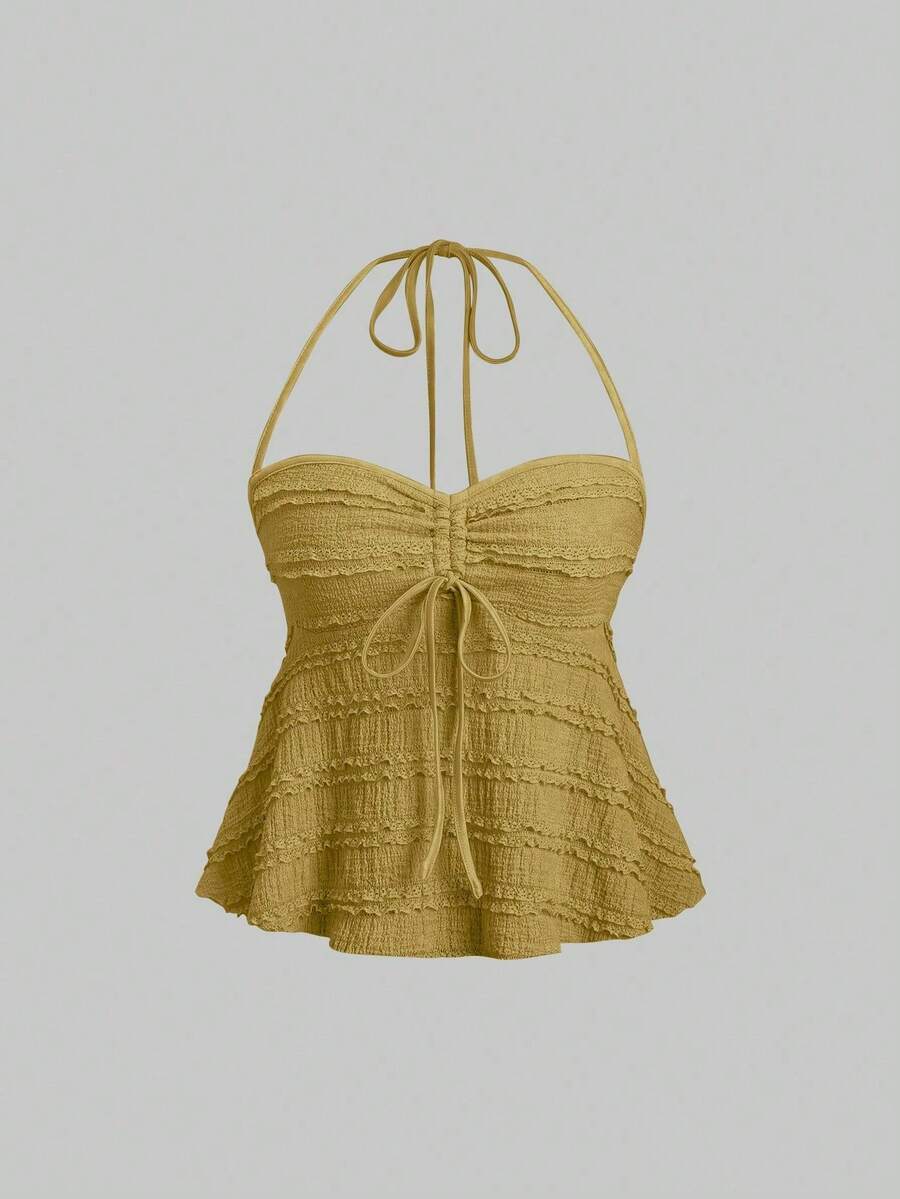 Casual Solid-Color Tank Top With Drawstring And Front Knot, Summer - Green 2 - View 1